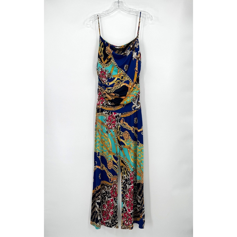 Julian Chang Multicolor Baroque Print Draped Neck Strappy Wide Leg Jumpsuit